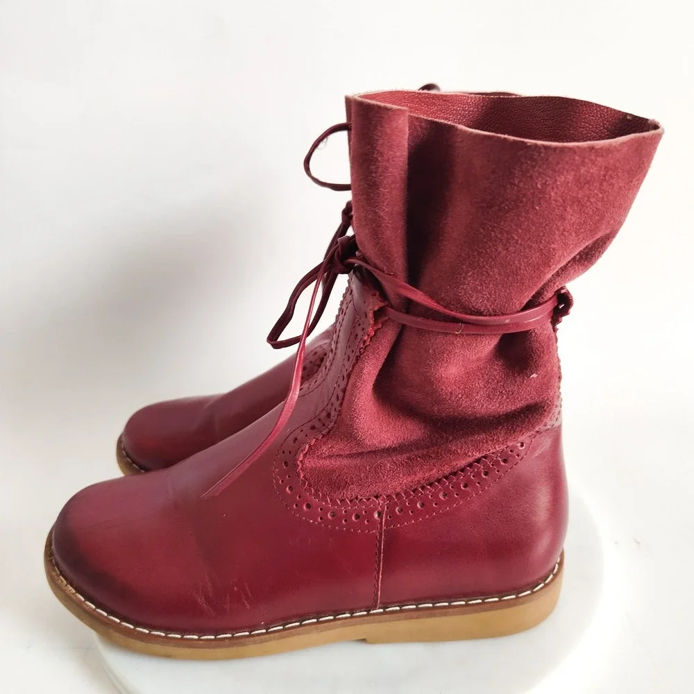 Elephantito Boots Girls Size 12 Mid-Calf Brogue LeatherNubuck‎ Red Bow Detail